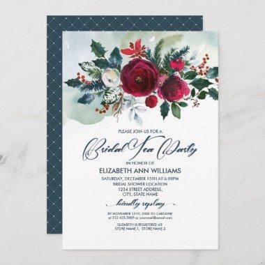 Dusty Blue | Burgundy Red Bloom Bridal Tea Party Invitations