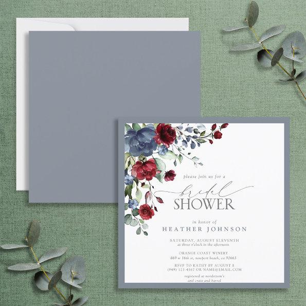 Dusty Blue Burgundy Red Watercolor Bridal Shower Invitations