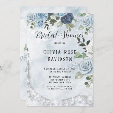 Dusty Blue Chic Watercolor Floral Bridal Shower Invitations