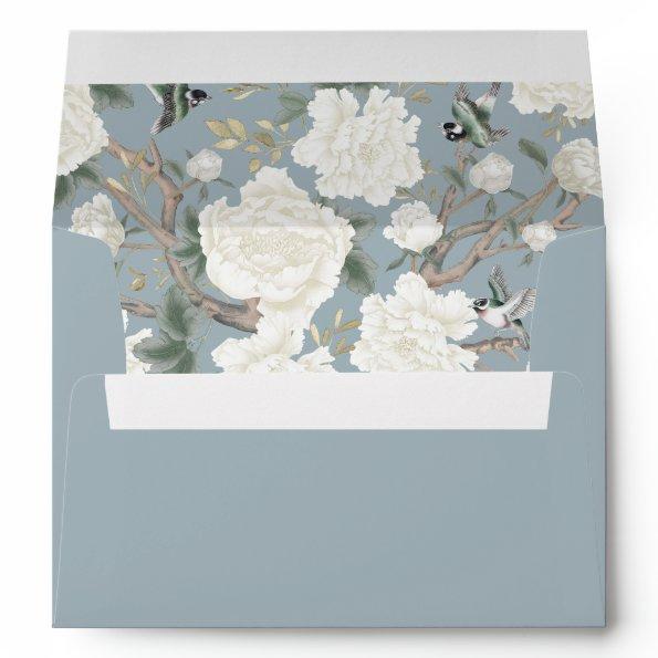 Dusty Blue Chinoiserie Peony Birds Porcelain Envelope