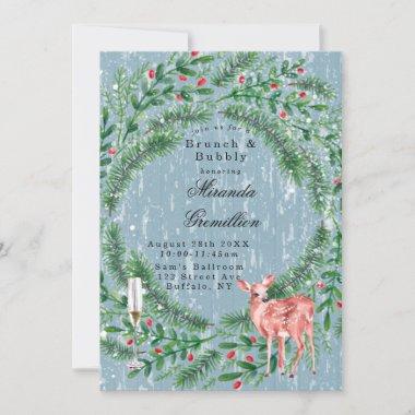 Dusty Blue Christmas Wood Deer Brunch and Bubbly Invitations