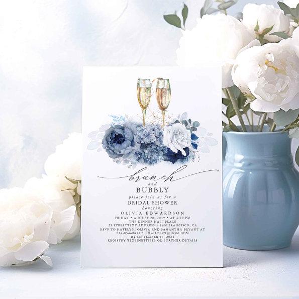 Dusty Blue Elegant Brunch and Bubbly Bridal Shower Invitations