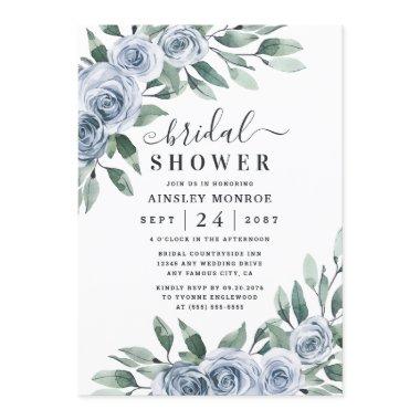 Dusty Blue Elegant Floral Boho Rose Bridal Shower Invitations