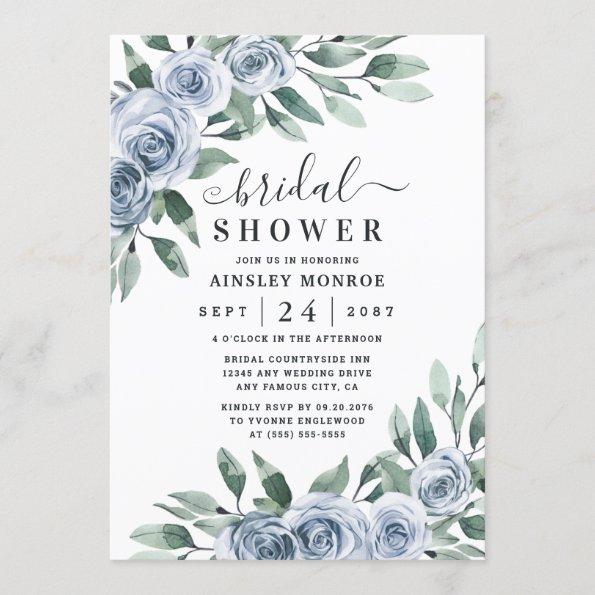 Dusty Blue Elegant Floral Boho Rose Bridal Shower Invitations