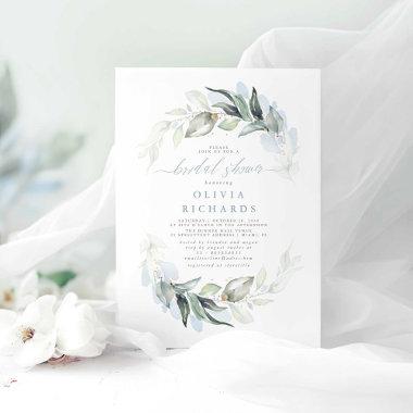 Dusty Blue Elegant Greenery Bridal Shower Invitations