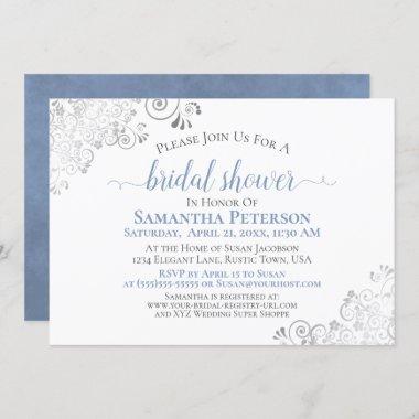 Dusty Blue Elegant Silver Lace White Bridal Shower Invitations