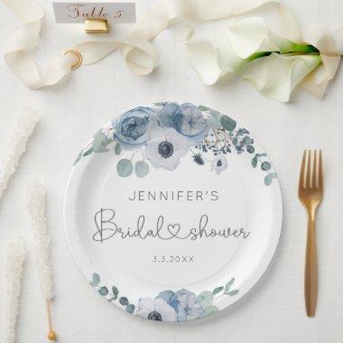 Dusty blue floral bridal shower napkins paper plates