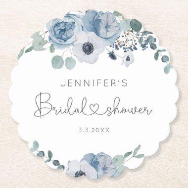 Dusty blue floral bridal shower paper coaster