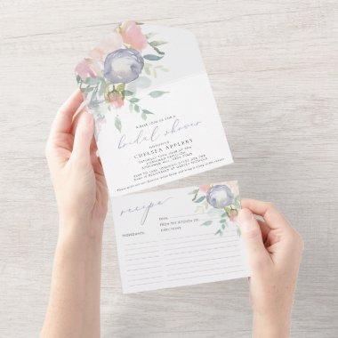 Dusty Blue Floral Bridal Shower Recipe Invitations Invite