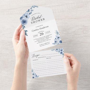 Dusty Blue Floral Bridal Shower With Recipe All In One Invitations