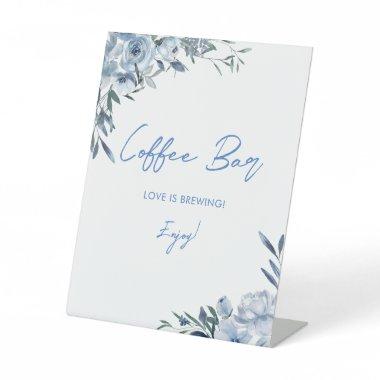 Dusty Blue Floral Coffee Bar Love is Brewing Pedestal Sign