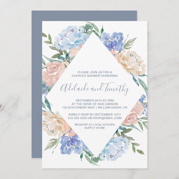 Dusty Blue Floral Diamond Couples Shower Invitations