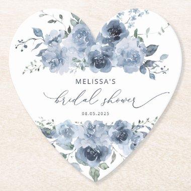 Dusty Blue Floral Elegant Bridal Shower Paper Coaster
