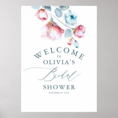 Dusty Blue Floral Elegant Bridal Shower Welcome Poster