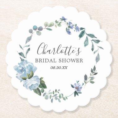 Dusty Blue Floral Elegant Pretty Bridal Shower Paper Coaster