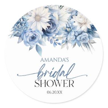 Dusty Blue Floral Flowers Bridal Shower Classic Round Sticker
