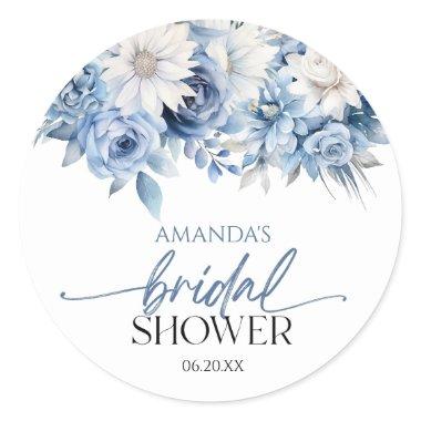 Dusty Blue Floral Flowers Bridal Shower Classic Round Sticker