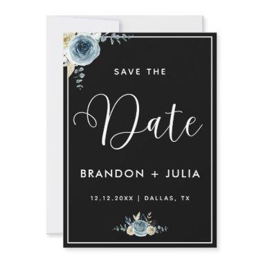 Dusty Blue Floral Frame Modern Elegant Black White Save The Date