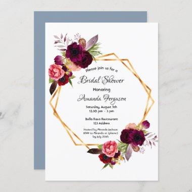 Dusty blue floral geometric Bridal Shower Invitations