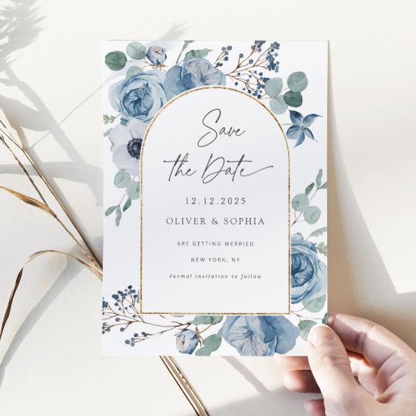 Dusty blue floral gold arch Save the date Invitations