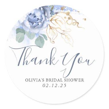 Dusty Blue Floral Gold Greenery Thank You Classic Round Sticker