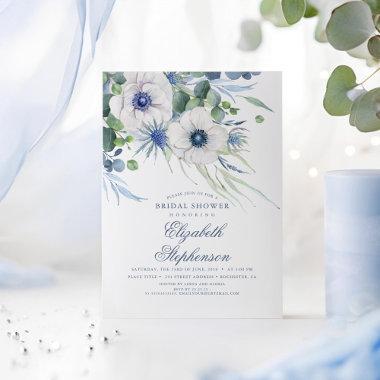 Dusty Blue Floral Greenery Modern Bridal Shower Invitations