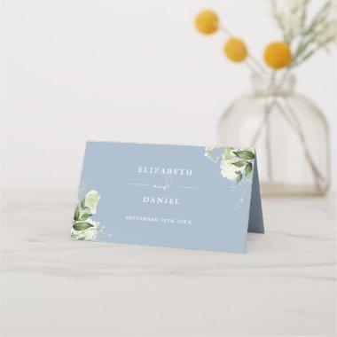 Dusty Blue Floral Greenery Wedding Folded Place Invitations