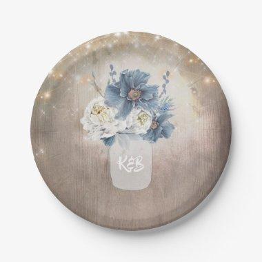 Dusty Blue Floral Mason Jar Initials Rustic Wood Paper Plates