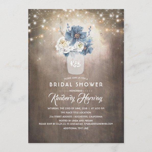 Dusty Blue Floral Mason Jar Rustic Bridal Shower Invitations