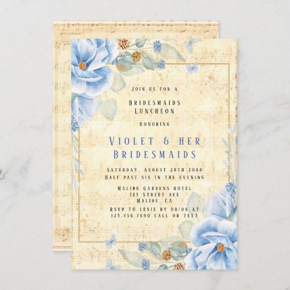 Dusty Blue Floral Musical Bridesmaids Luncheon Invitations