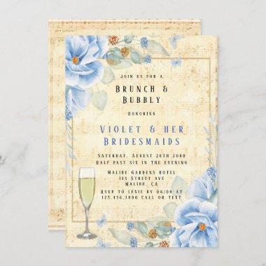 Dusty Blue Floral Musical Brunch & Bubbly Invitations