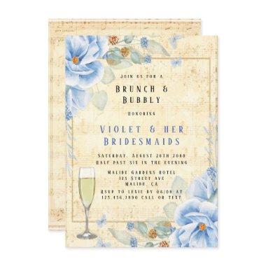 Dusty Blue Floral Musical Brunch & Bubbly Invitations