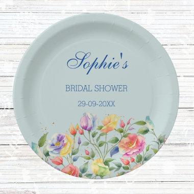 Dusty Blue Floral Peach Pink Roses Bridal Shower Paper Plates