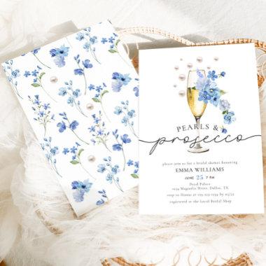 Dusty Blue Floral Pearls & Prosecco Bridal Shower Invitations