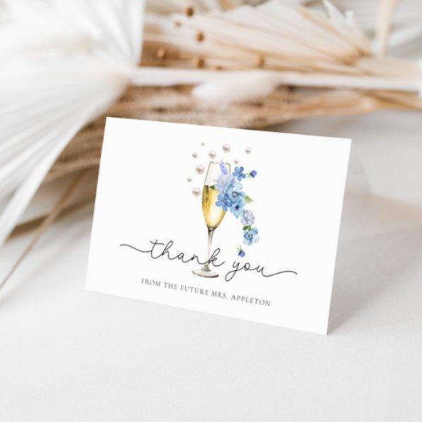Dusty Blue Floral Pearls & Prosecco Bridal Shower Thank You Invitations