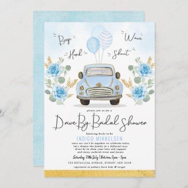 Dusty Blue Floral Retro Car Drive By Bridal Shower Invitations