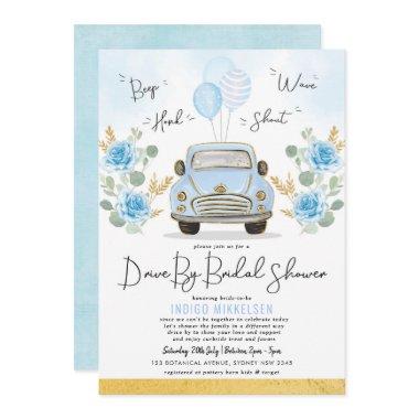 Dusty Blue Floral Retro Car Drive By Bridal Shower Invitations