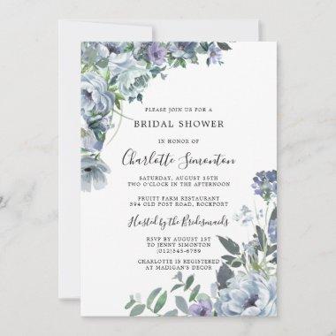 Dusty Blue Floral Rustic Bridal Shower Invitations