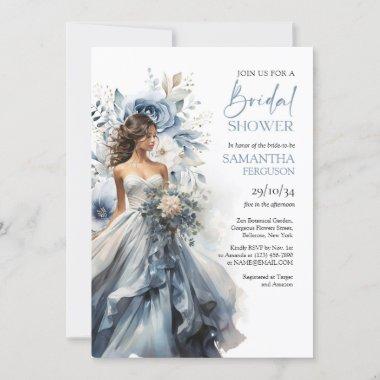 Dusty blue floral sage eucalyptus wedding gown Invitations