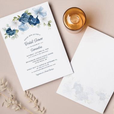 Dusty Blue Floral Script Bridal Shower Invitations
