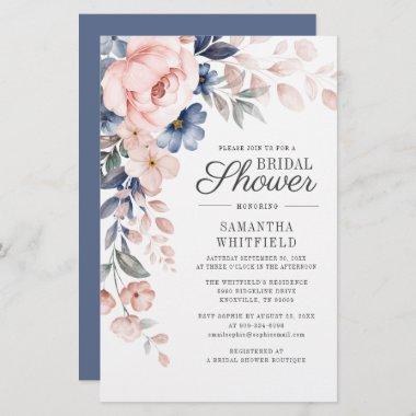 Dusty Blue Floral Script Bridal Shower Invitations Stationery
