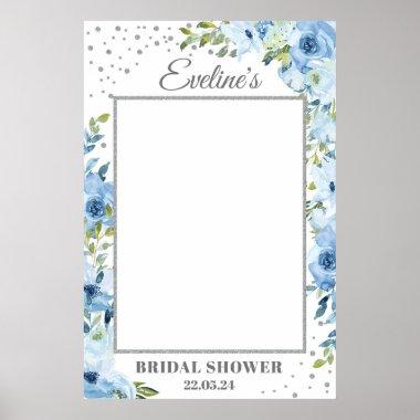 Dusty blue floral silver bridal shower photo prop poster