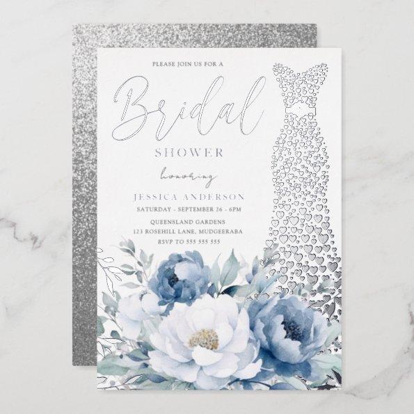 Dusty Blue Floral Silver Foil Dress Bridal Shower Foil Invitations