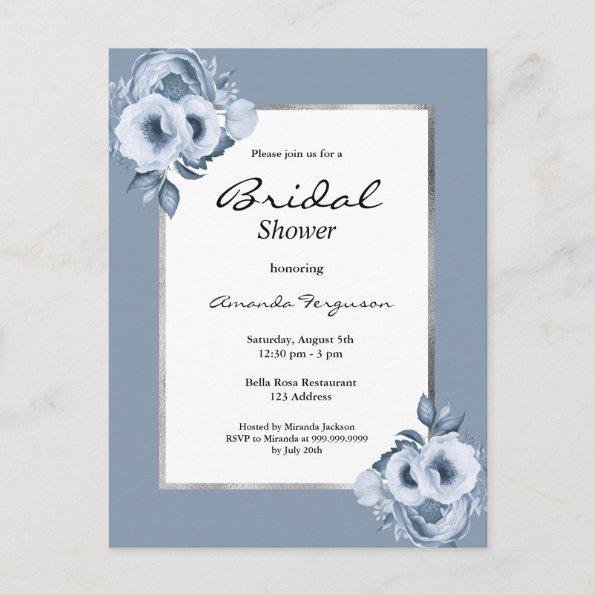 Dusty blue floral white bridal shower invitation postInvitations