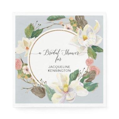 Dusty Blue Floral White Magnolia Watercolor Leaf Napkins