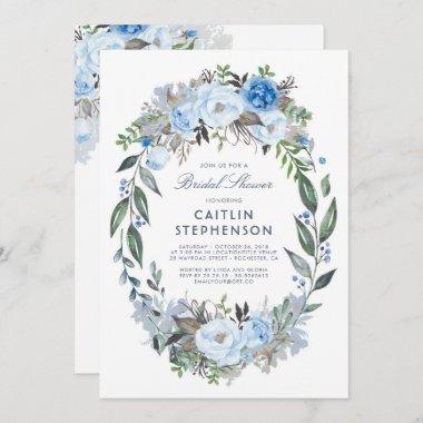 Dusty Blue Floral Wreath Elegant Bridal Shower Invitations