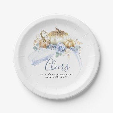 Dusty Blue Flowers and Gold Glitter Pumpkins Fall Paper Plates