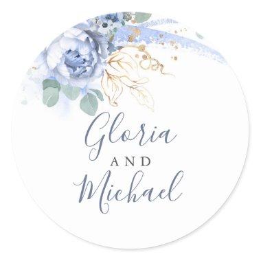 Dusty Blue Flowers and Gold Greenery Classic Round Sticker