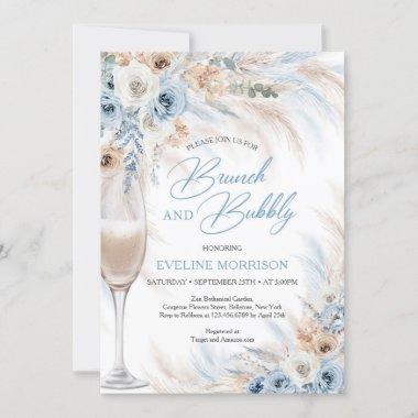 Dusty blue flowers and pampas brunch and bubbly Invitations