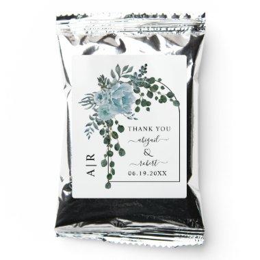 Dusty blue flowers, arch and monogram wedding coffee drink mix